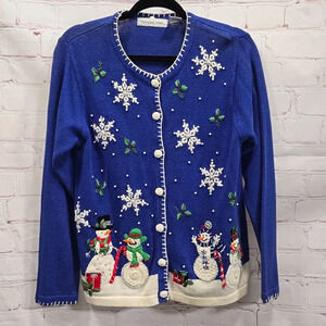 Victoria Jones Holiday Snowman Embelished Cardigan Sweater Blue and White Size S